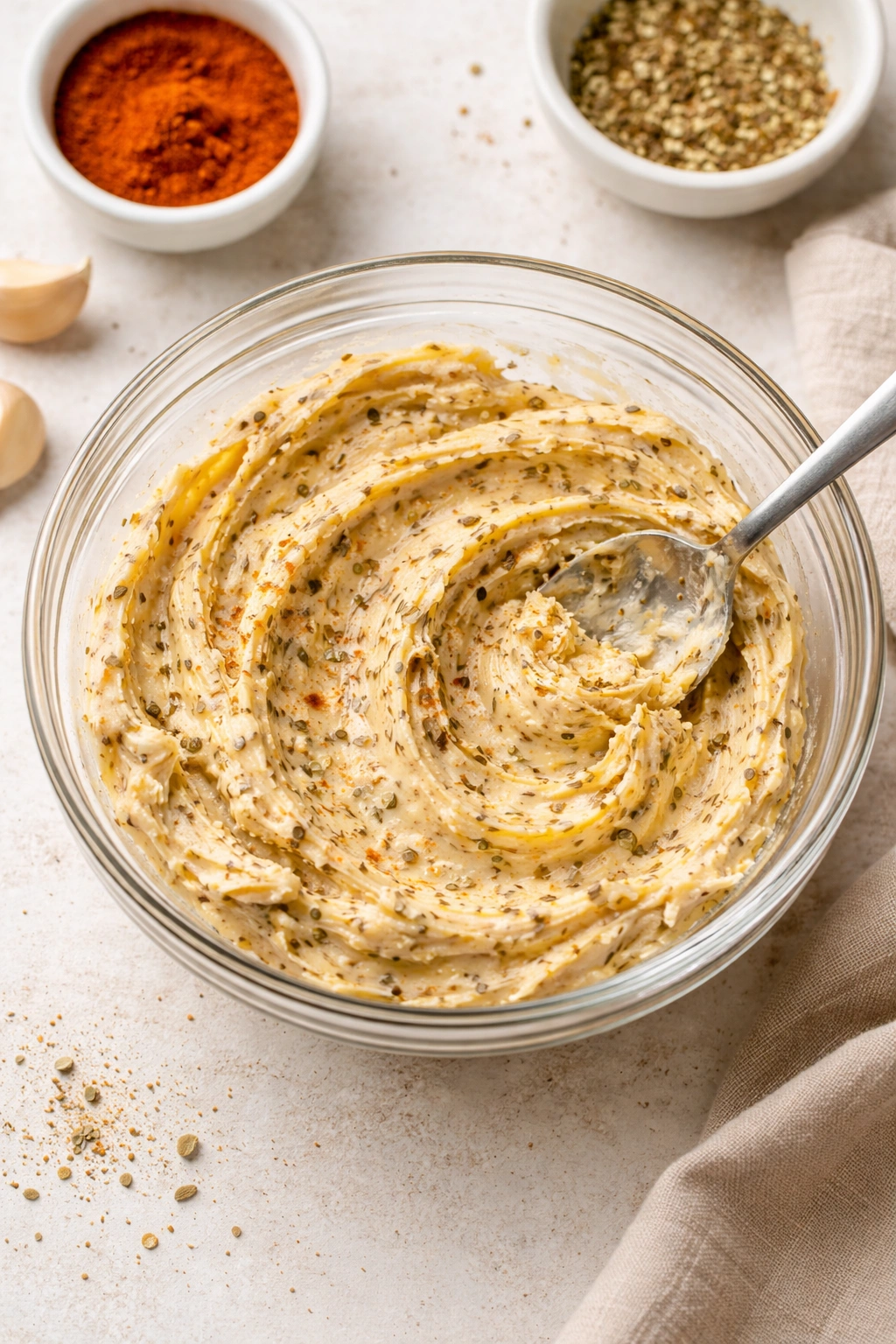 Bowl of seasoned butter with flecks of garlic and paprika