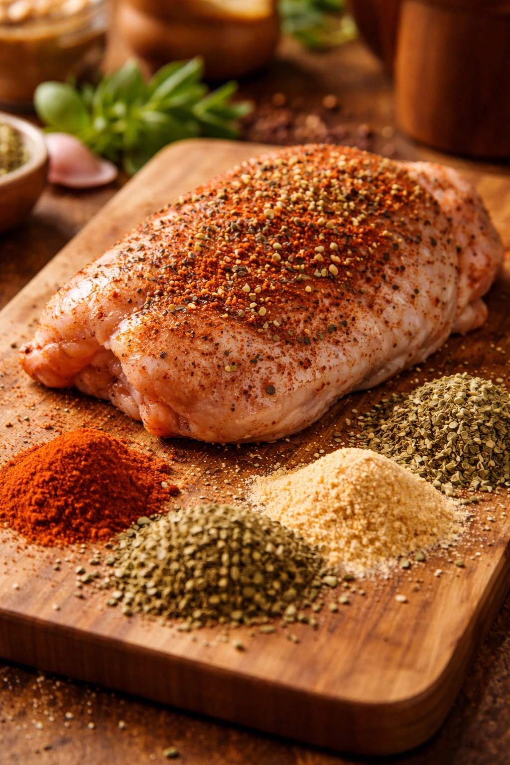 Chicken with colorful spice piles showing flavor-building beyond salt and pepper