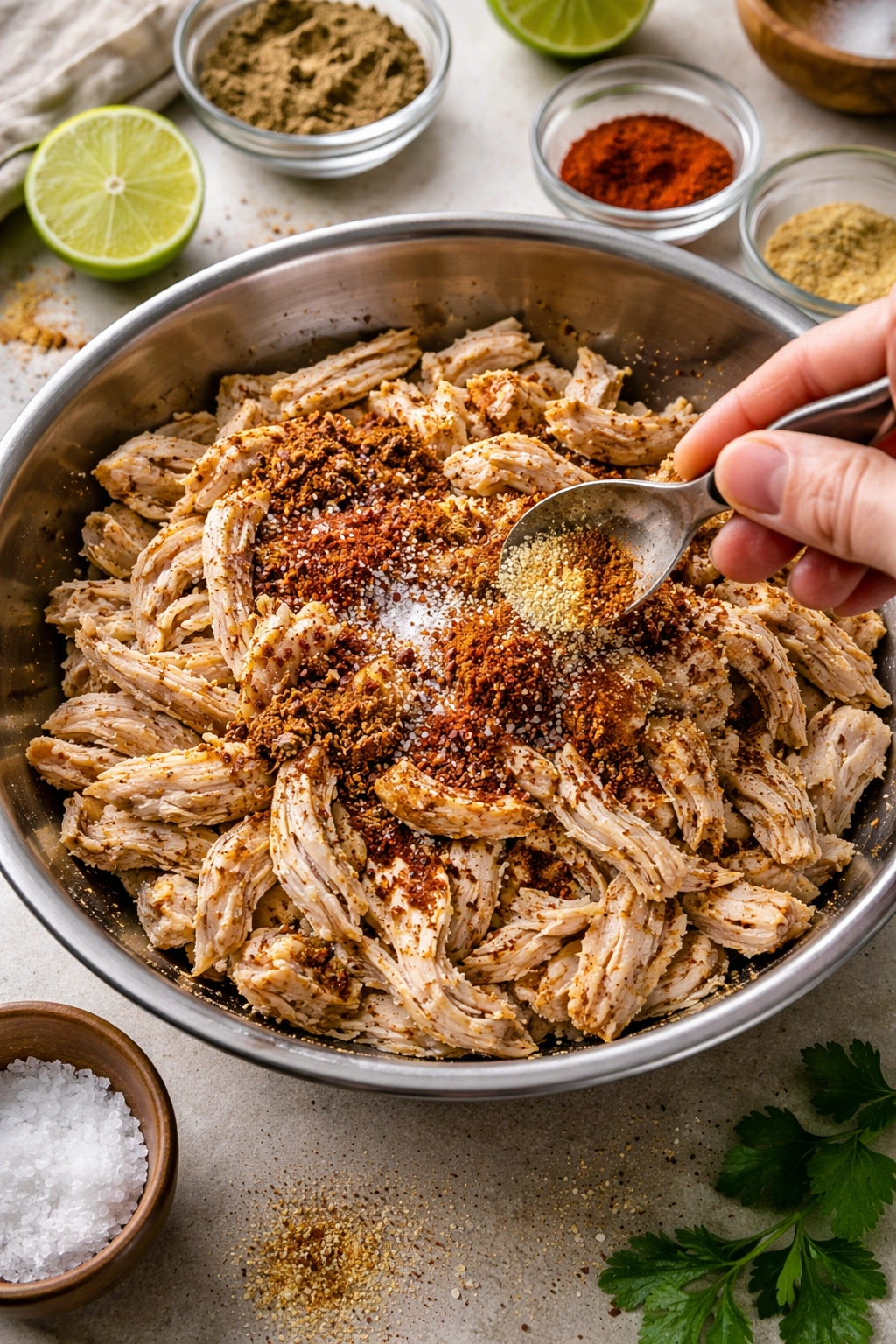 Shredded chicken with visible spices in a bowl