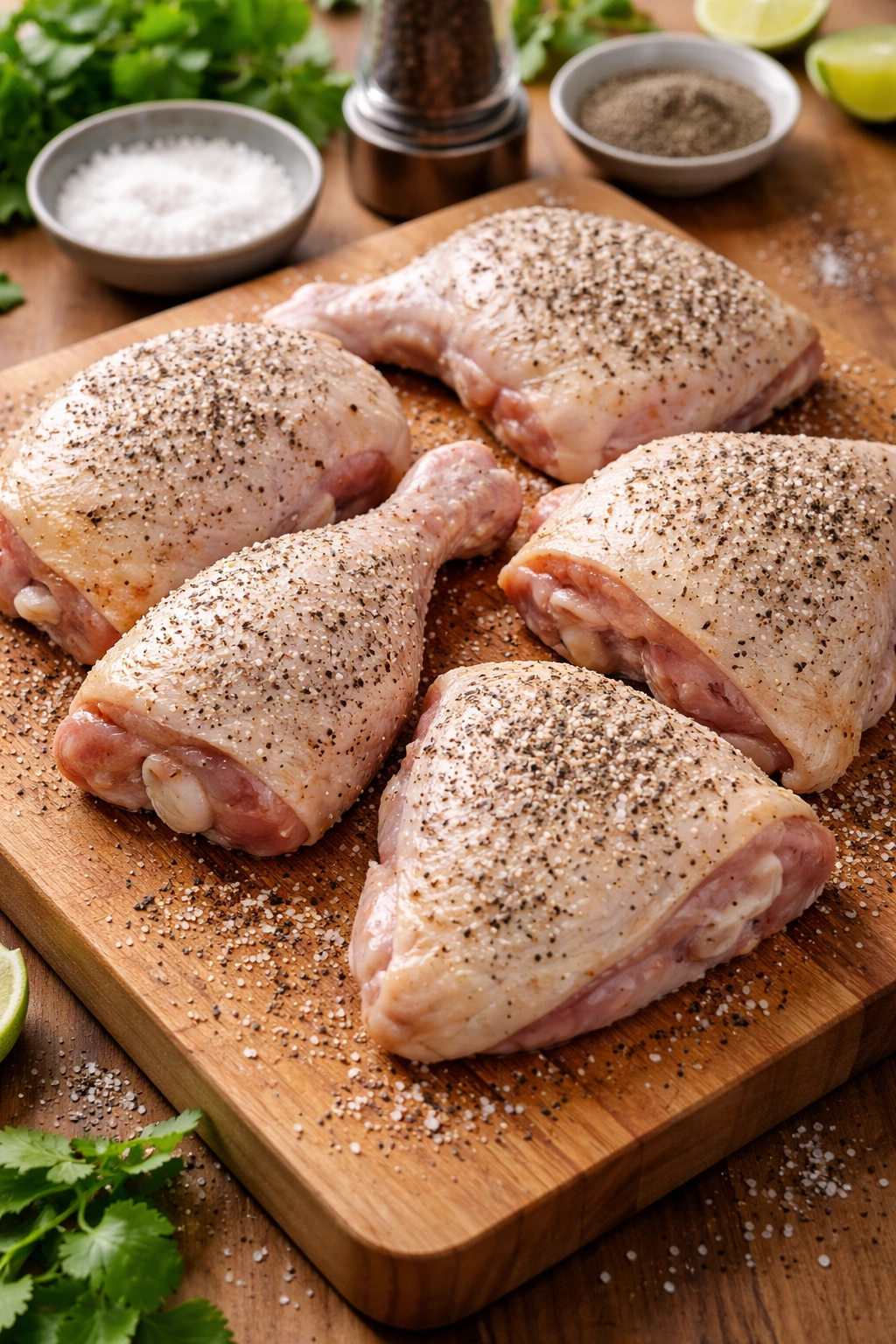Chicken pieces seasoned with salt and pepper on a cutting board