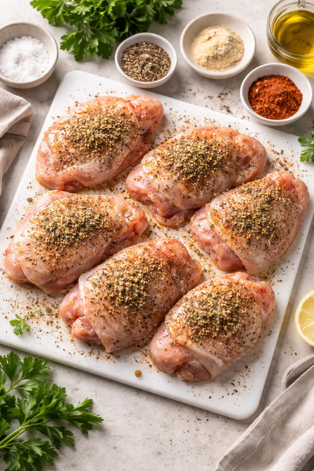 Raw chicken pieces evenly seasoned on cutting board