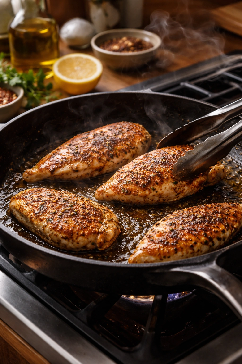 Skillet with seasoned chicken browning for melt