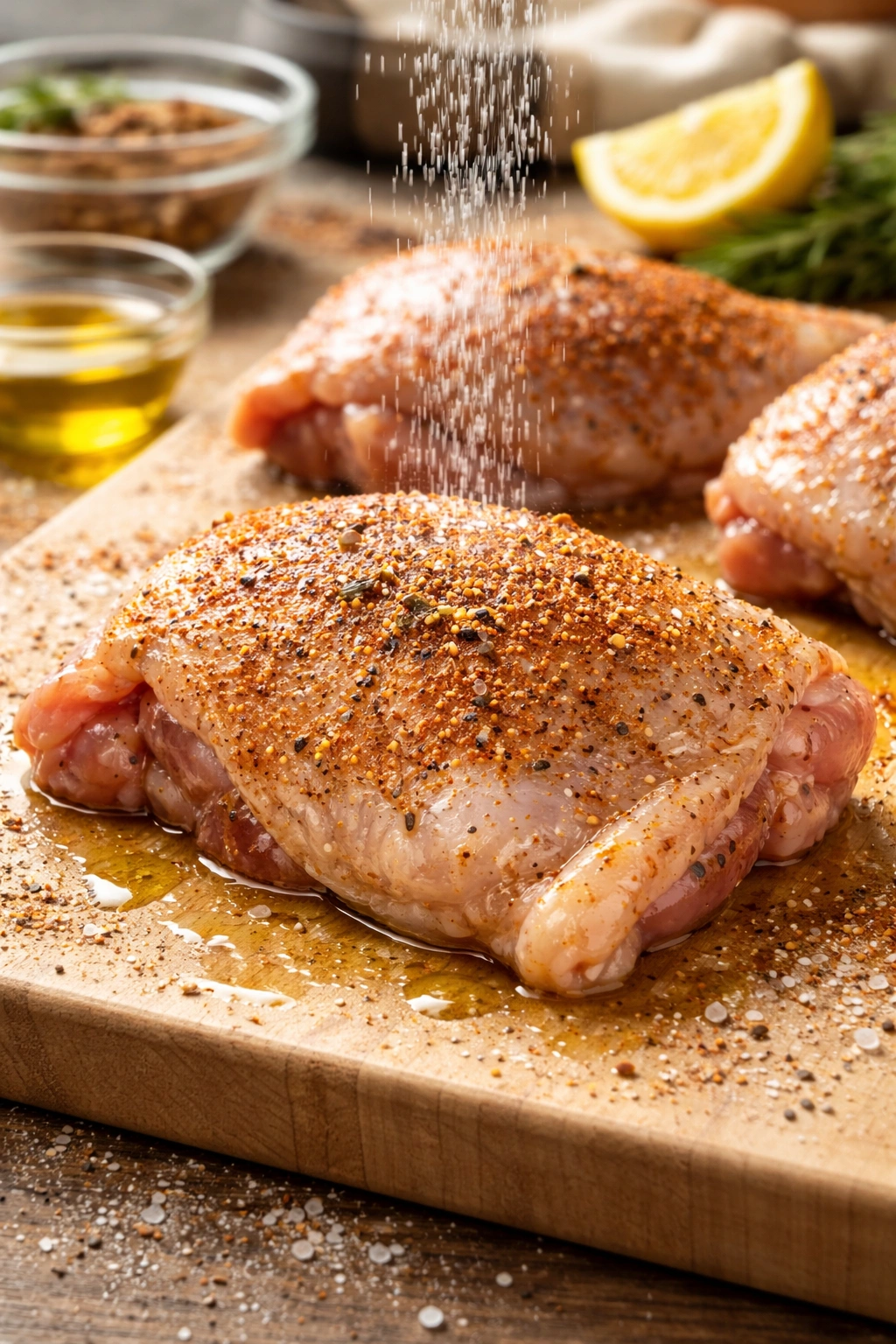 Seasoned chicken thigh with spice rub and olive oil glaze