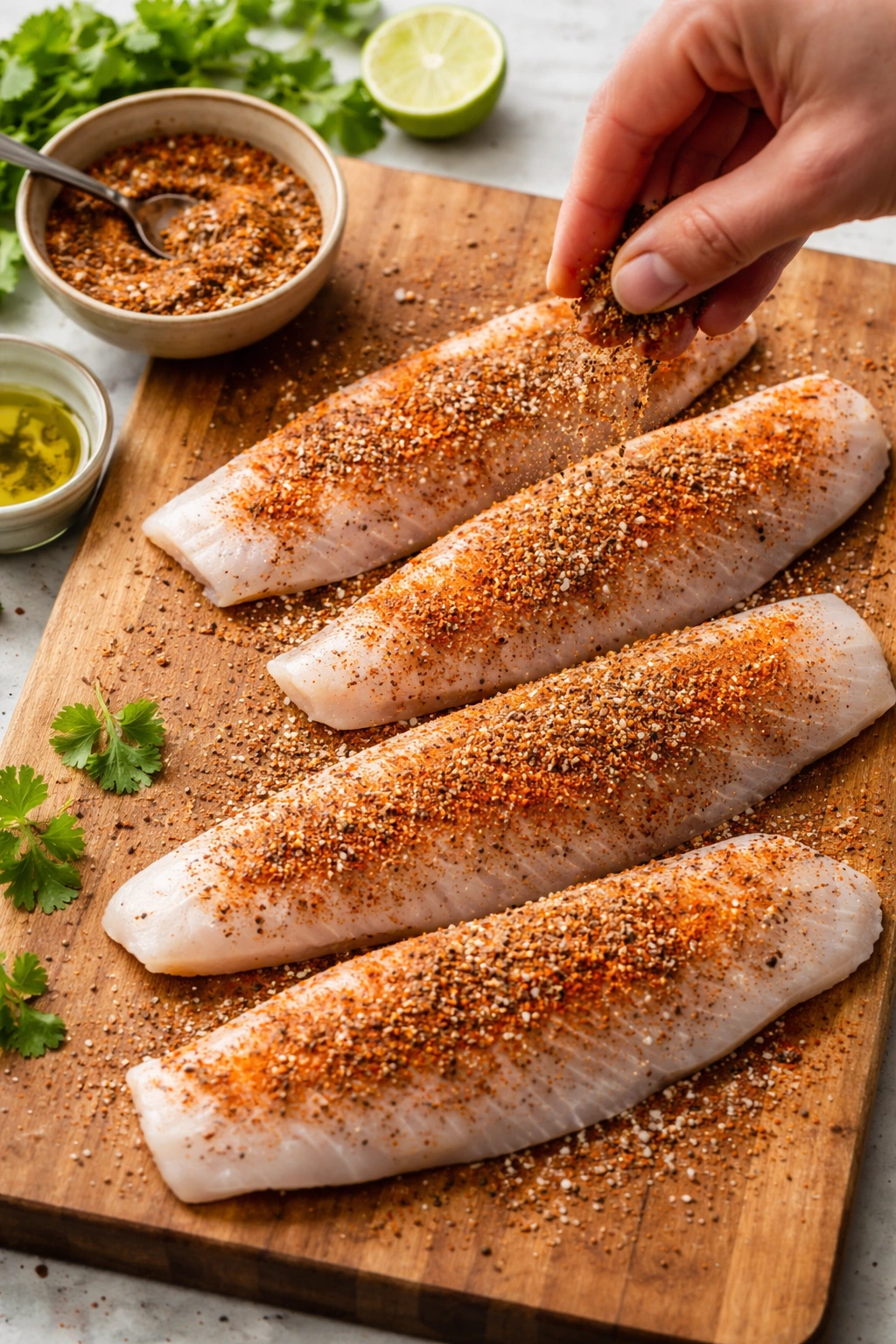 Raw fish fillets seasoned with a spice rub on a cutting board