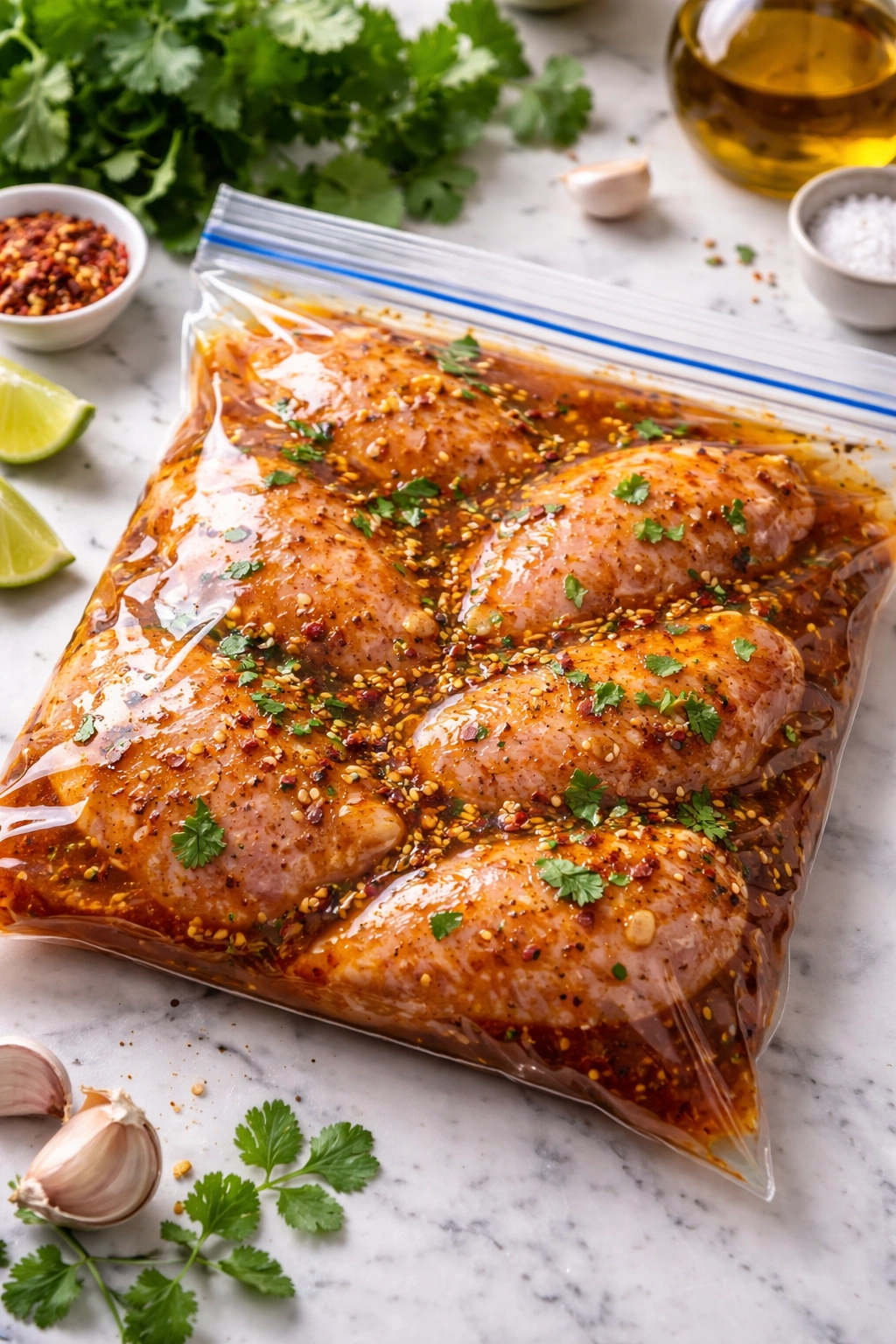 Marinated chicken in a color-rich glaze inside a freezer bag