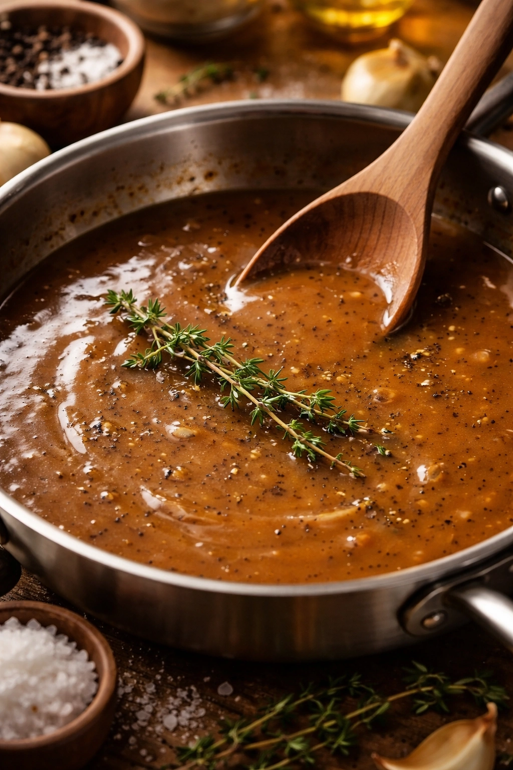 Finished gravy with pepper and thyme for depth