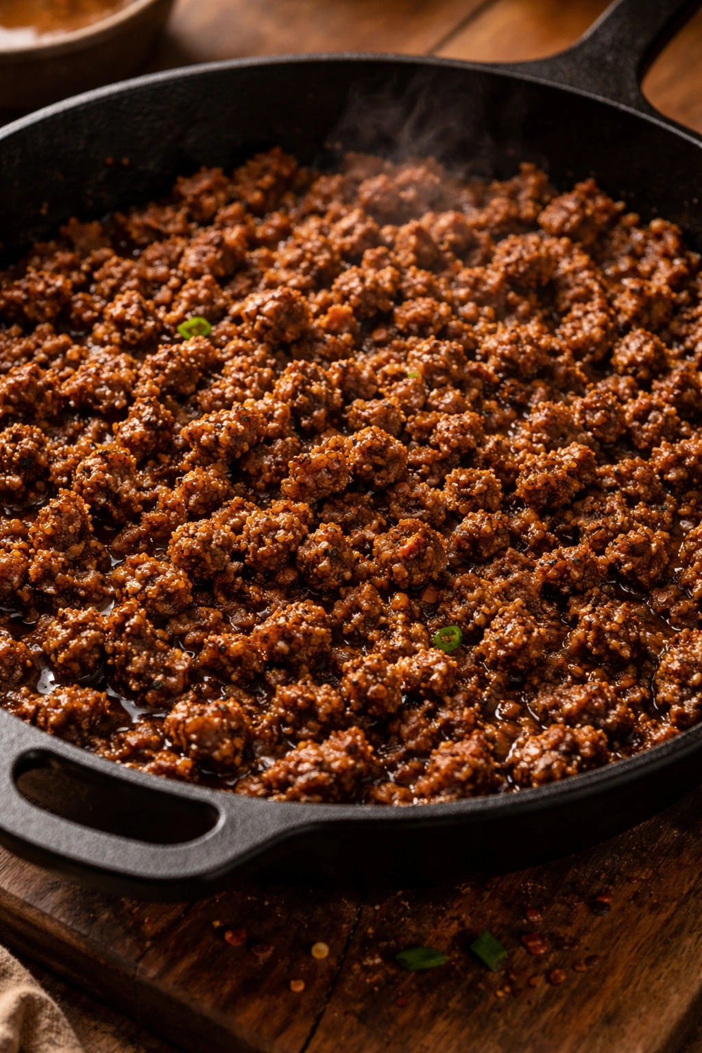 Seasoned ground beef crumbles in a skillet
