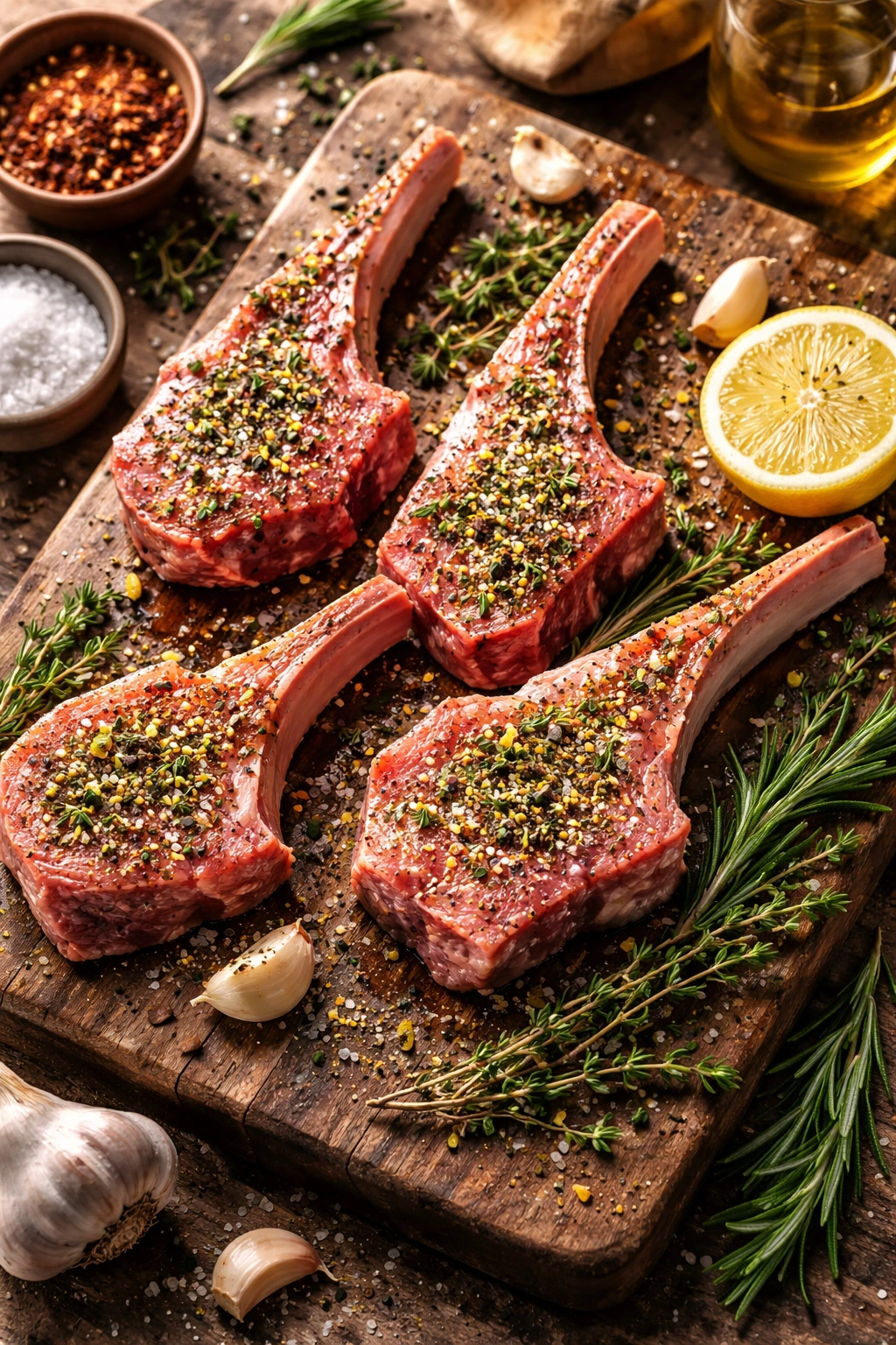 Close-up of seasoned lamb with salt, pepper, garlic, and herbs on a wooden board