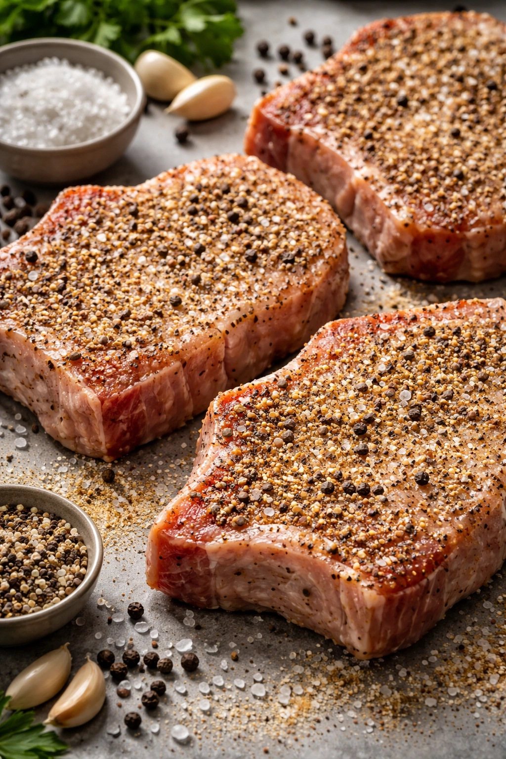 Seasoned pork chops with salt and pepper visible