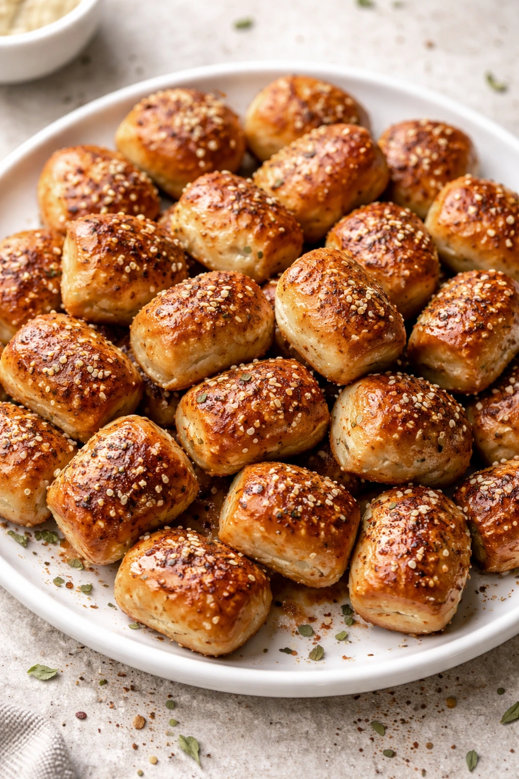 Close-up of seasoned pretzel bites with garlic and paprika on a white plate