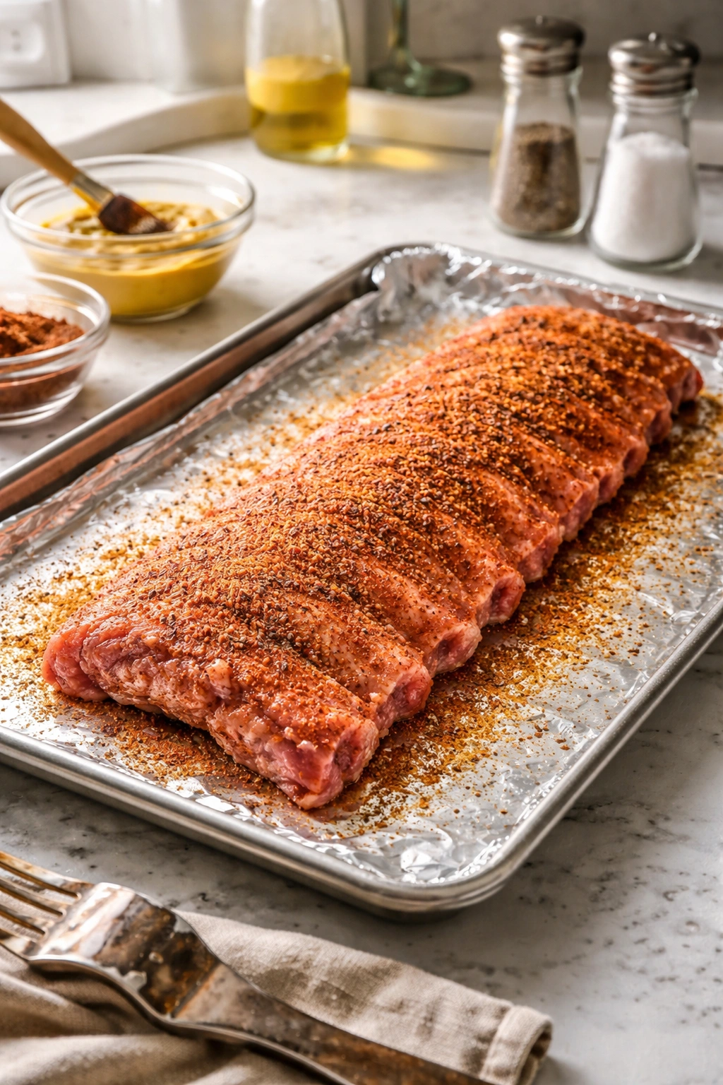 Seasoned ribs on foil-lined baking sheet