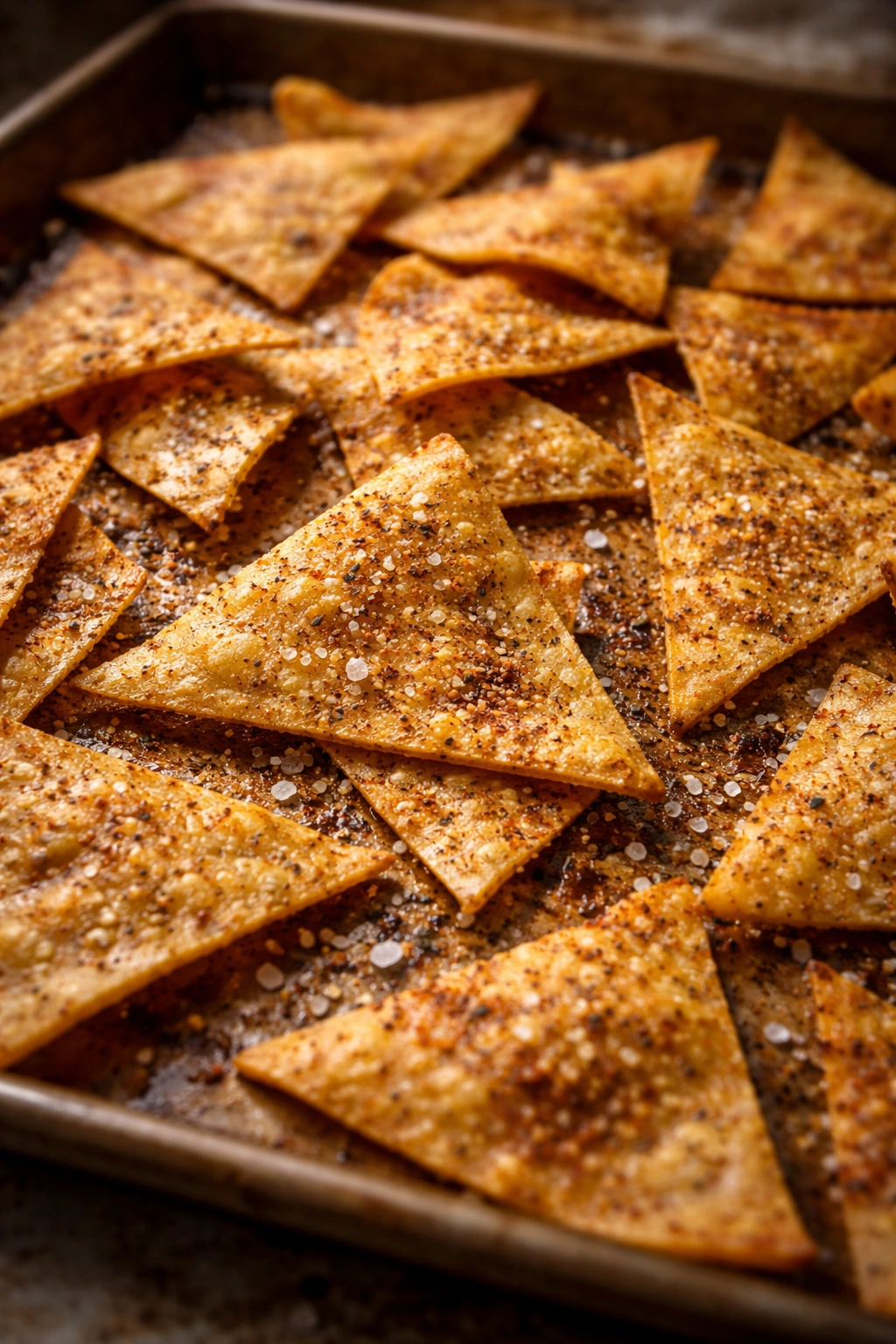 Tortilla chips with visible salt crystals and seasoning