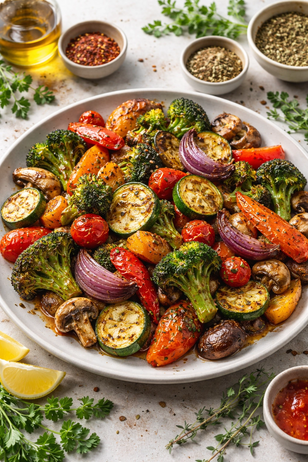 Colorful seasoned roasted vegetables with herbs and spices