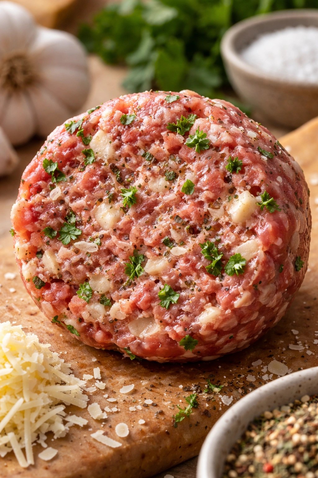 Raw meatball cross-section with cheese and parsley flecks