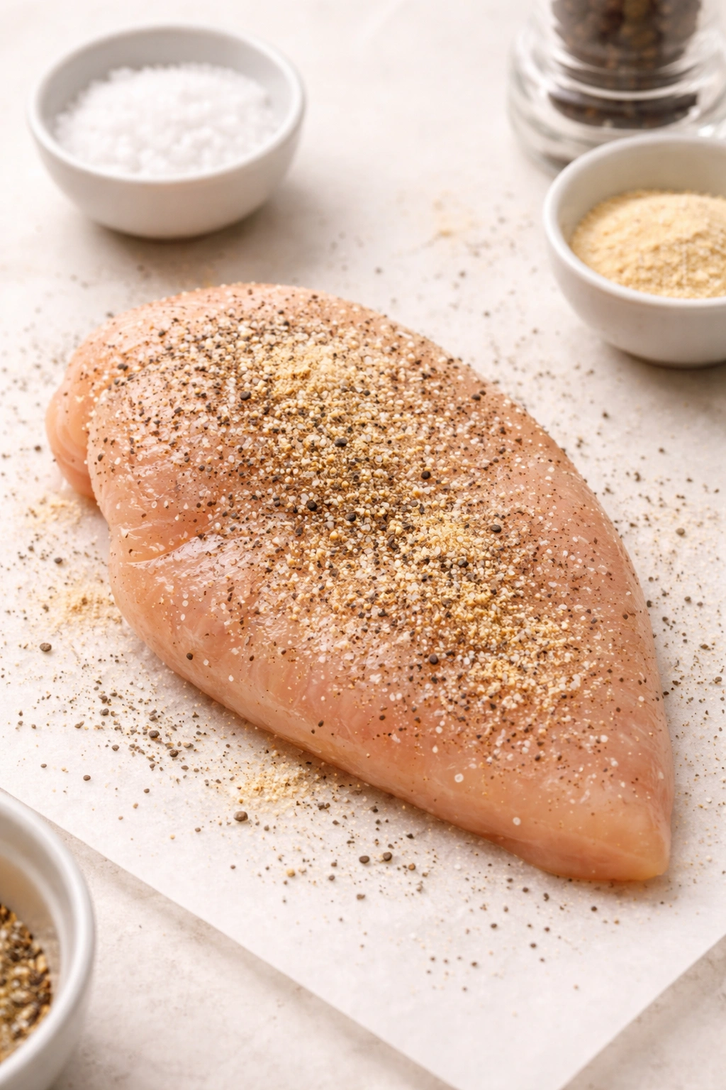 Seasoned chicken breast with salt pepper and garlic powder.