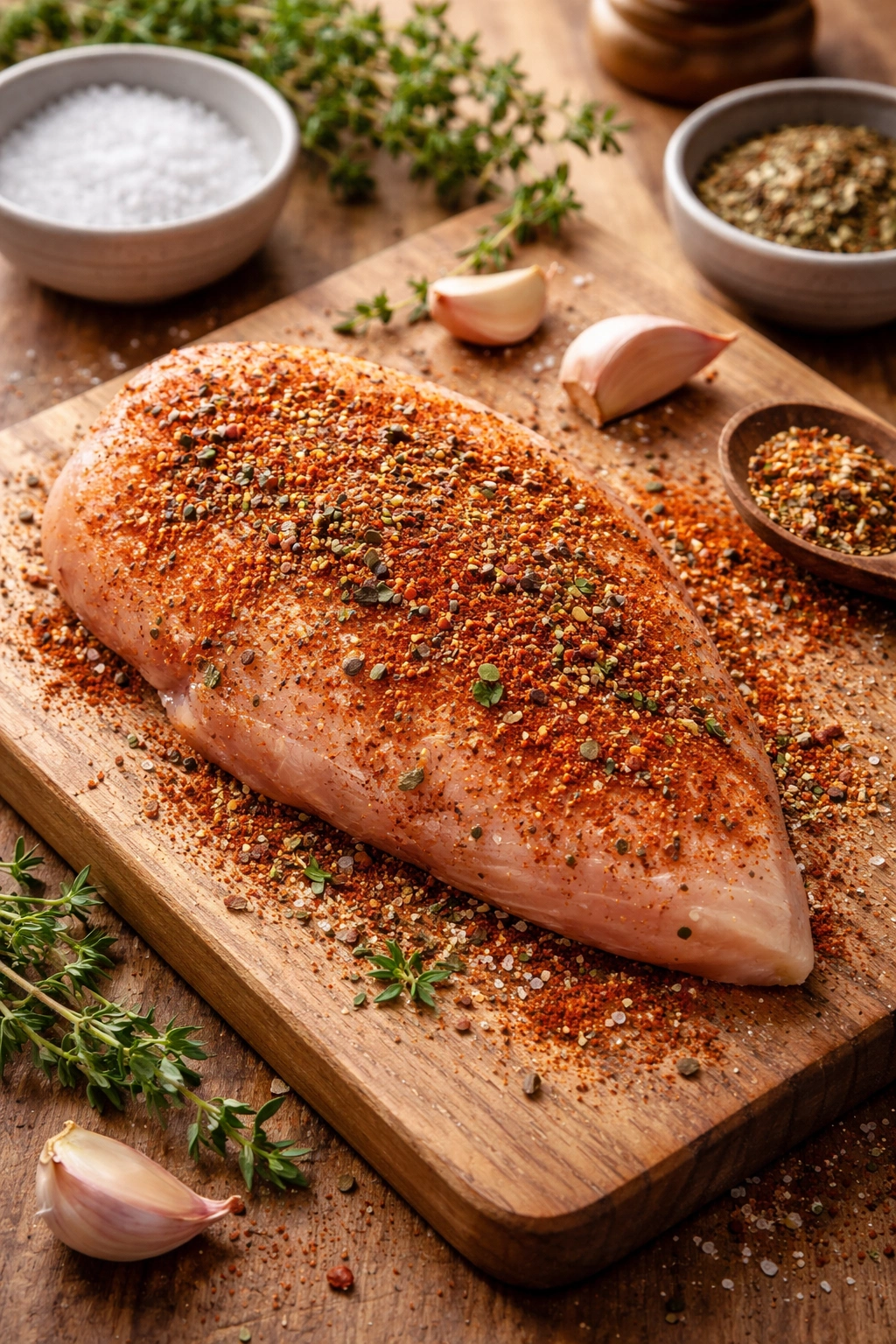 Seasoned chicken breast with paprika and herbs on cutting board