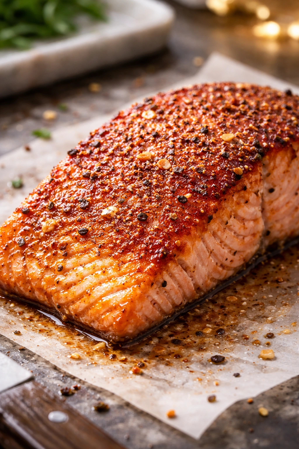 Macro shot of seasoned crust on salmon fillet