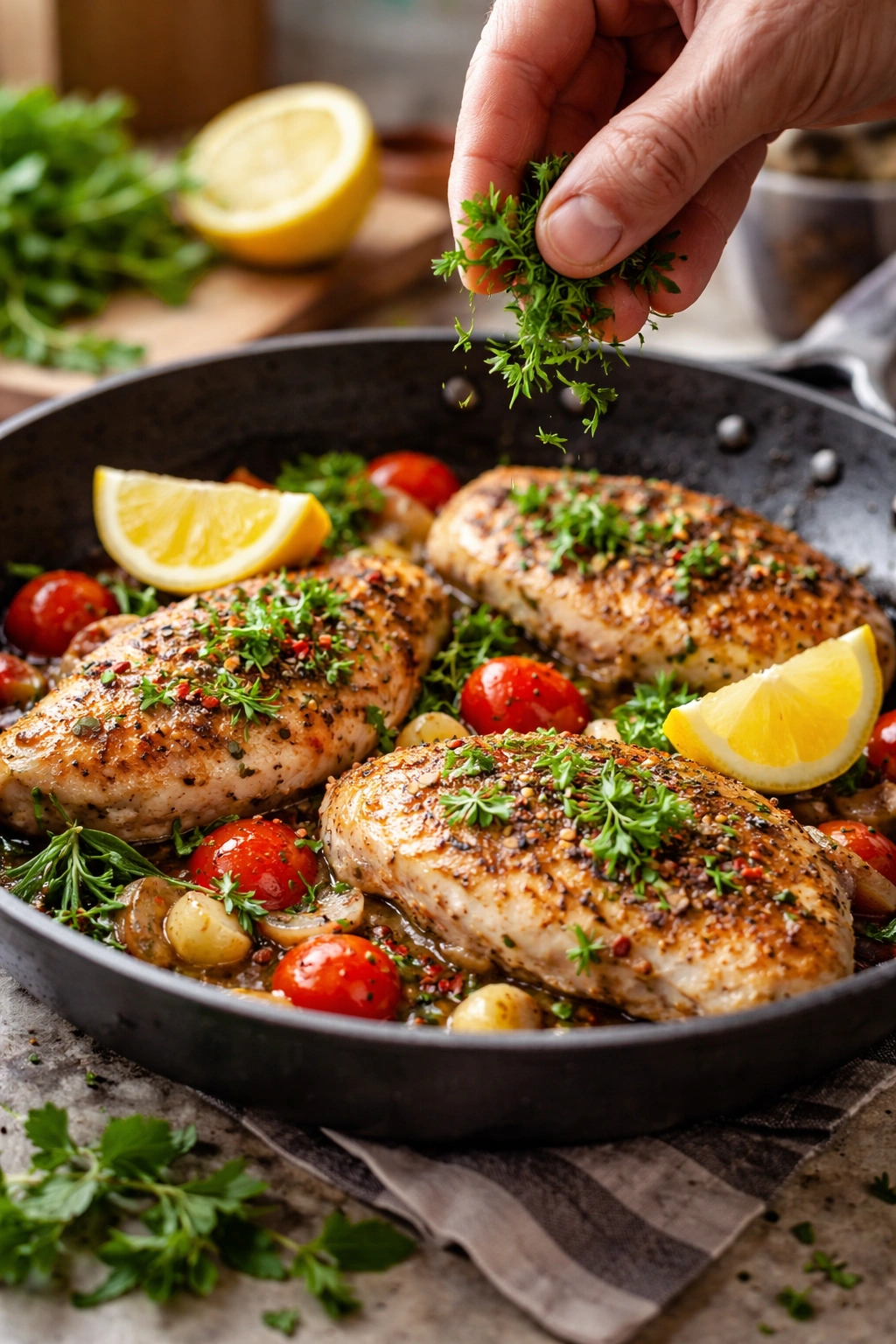 Hands seasoning a chicken dish with herbs and lemon zest to add flavor without points