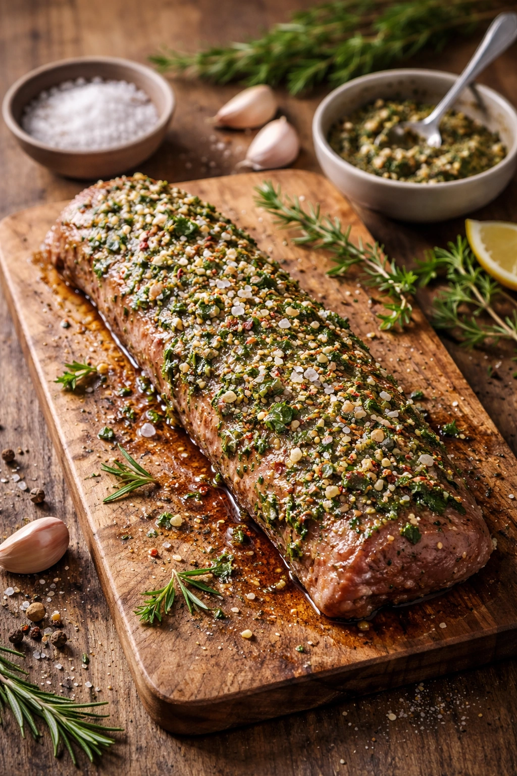 Seasoned pork tenderloin with garlic paste on board