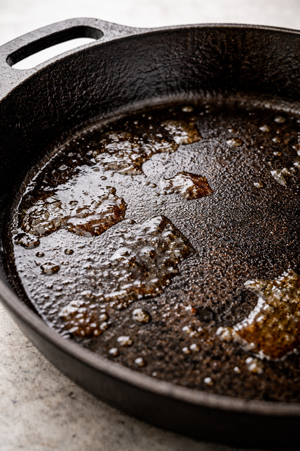 Blotchy uneven oil patches on cast iron skillet surface