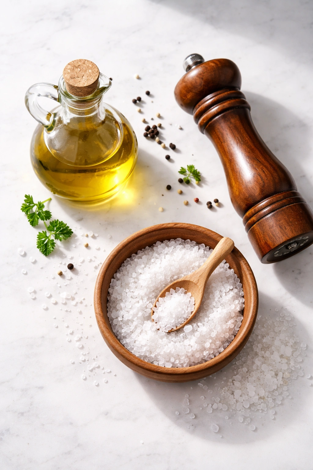 Salt, oil, and pepper as essential seasoning setup for potatoes