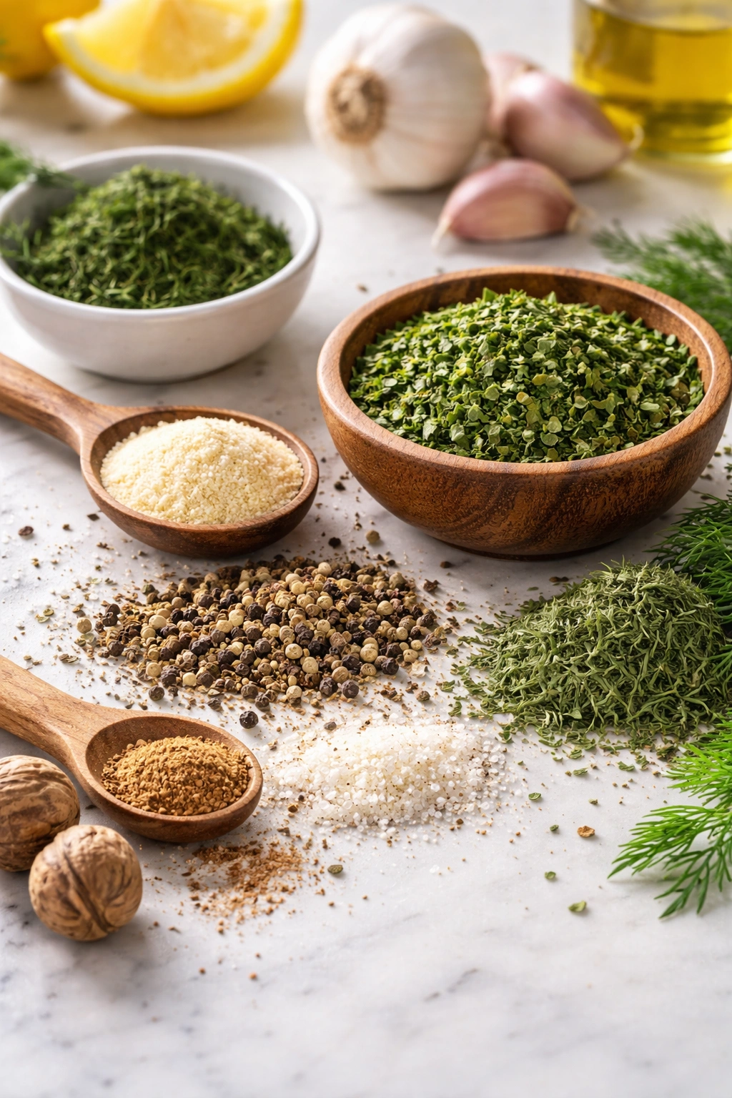 Assortment of seasonings for flavor layering in casserole