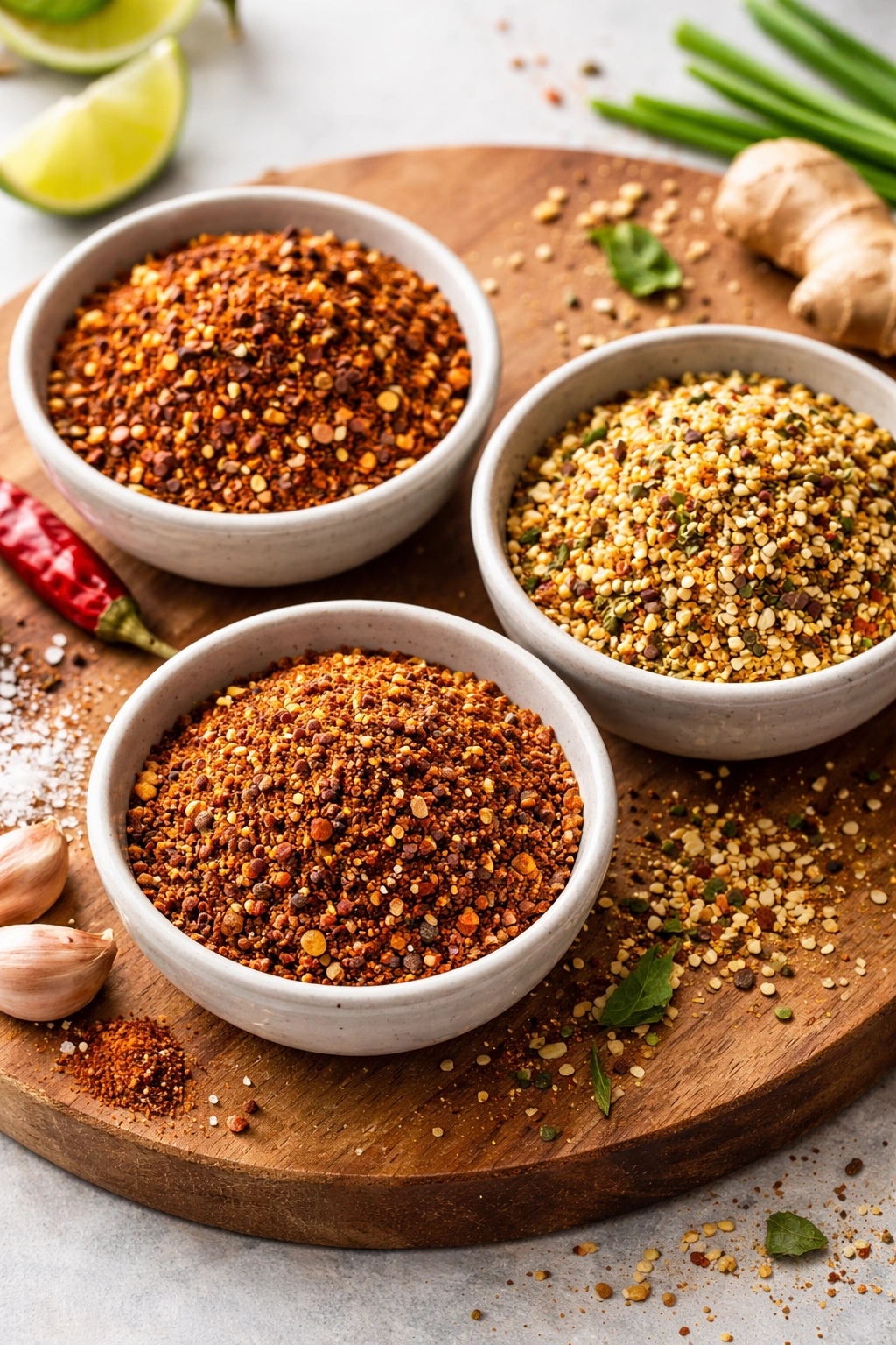 Three bowls with different pork rub blends on a wooden board