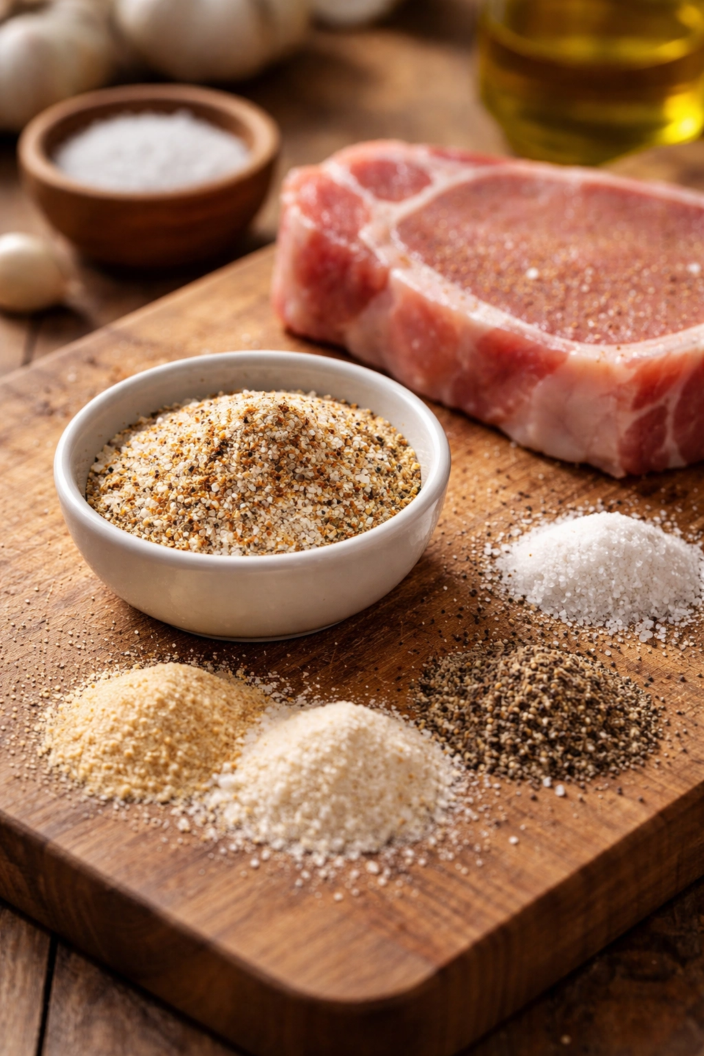 Small bowl of dry seasoning mix with pork chop on cutting board.