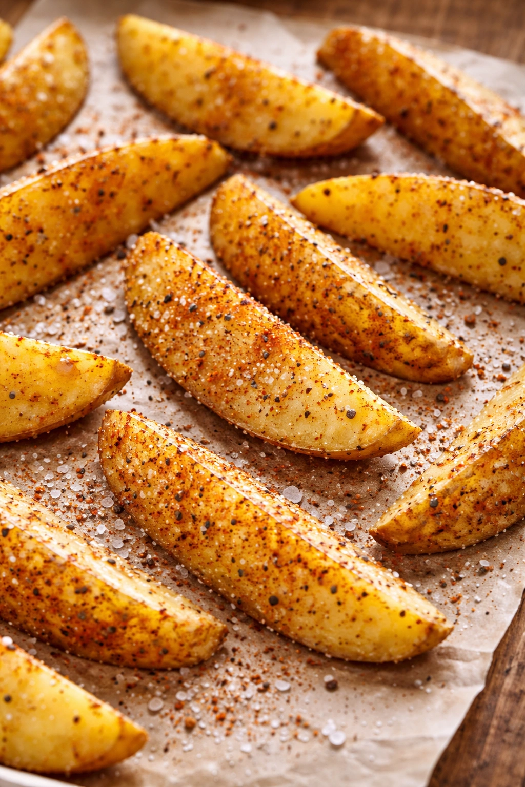 Potato wedges with visible salt crystals and paprika seasoning
