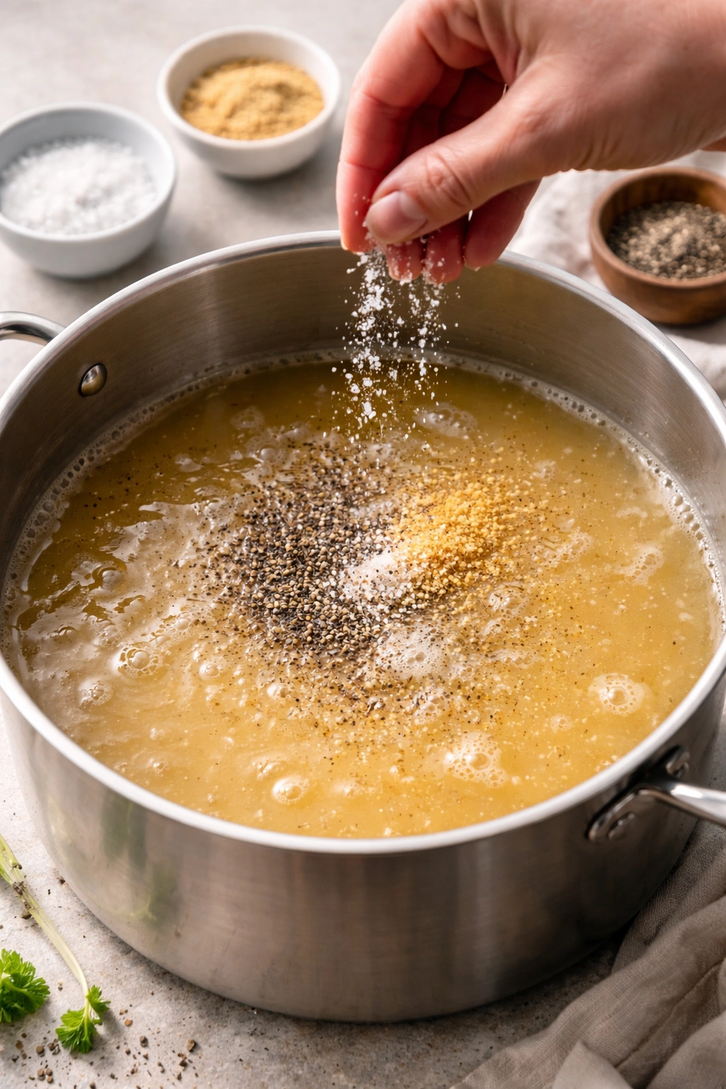 Hand sprinkling salt and mustard into simmering broth before vegetables