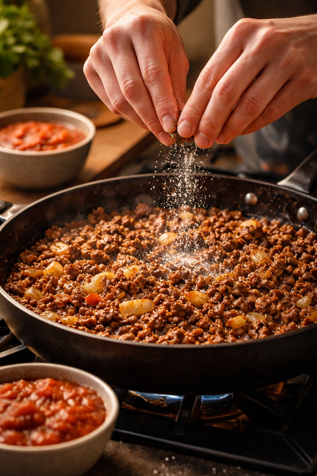 Hands seasoning a beef and onion mixture in a skillet with salt over it.