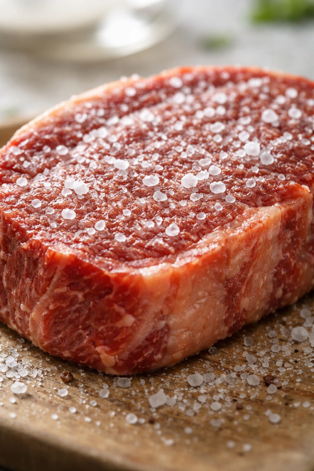 Close-up of salted steak surface with visible crystals