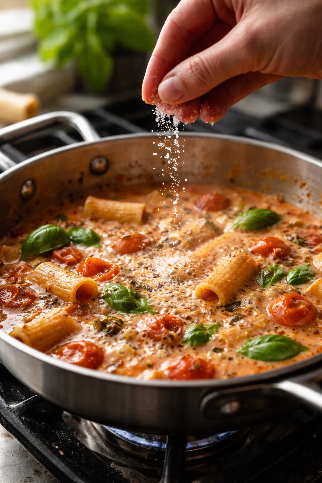 Macro shot of hand sprinkling salt into simmering sauce