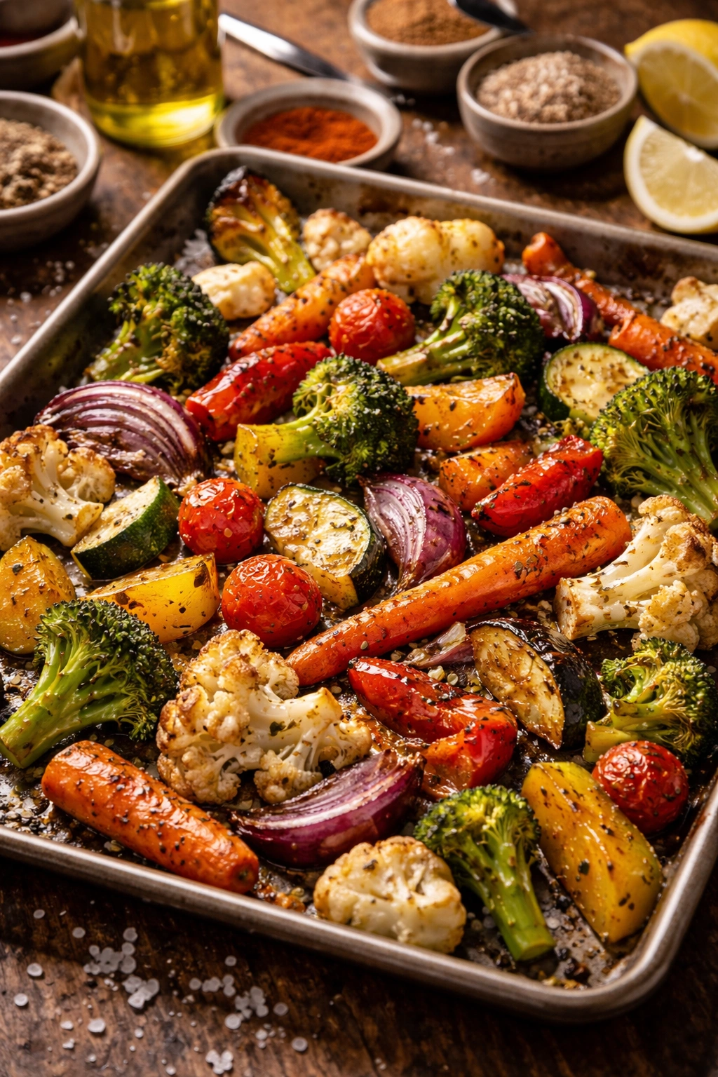 Roasted vegetables with visible salt crystals and olive oil glaze
