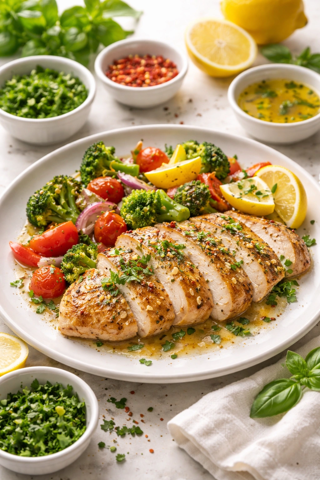 Plate of lean chicken with vegetables and herbs, plus bowls of herbs and citrus to indicate flavor without calories