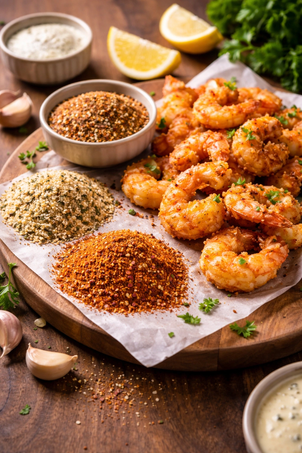 Shrimp with two seasoning blends on plate