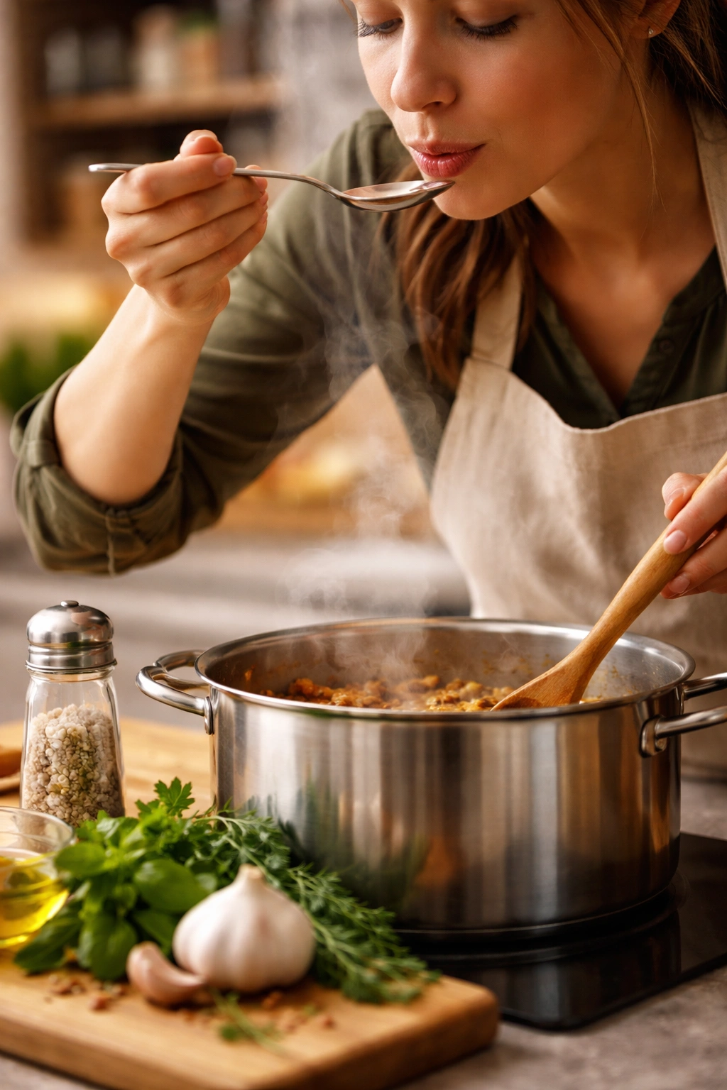 Cook tasting and adjusting seasoning while cooking