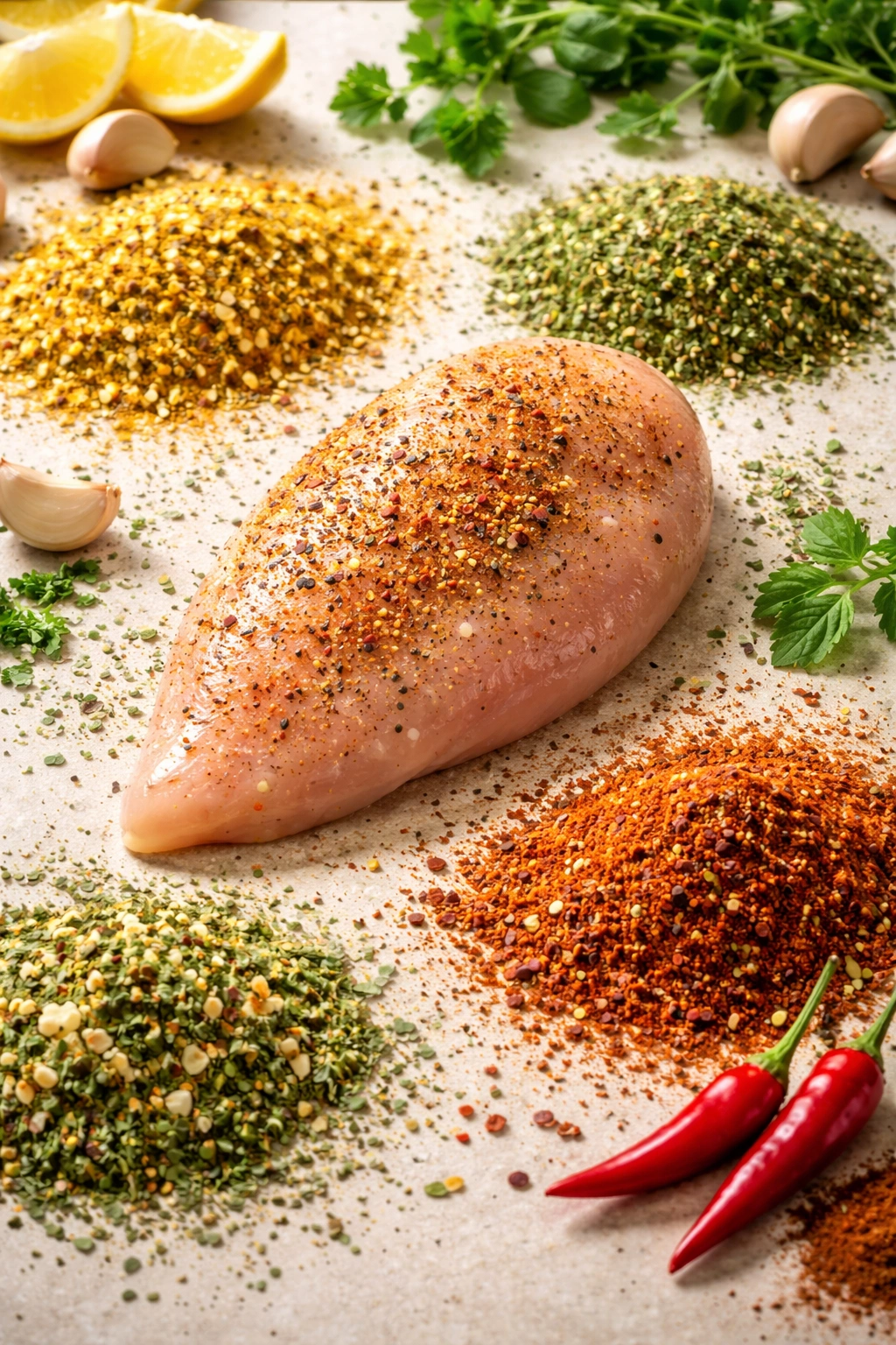 Chicken breast surrounded by seasoning blends to show flavor variation