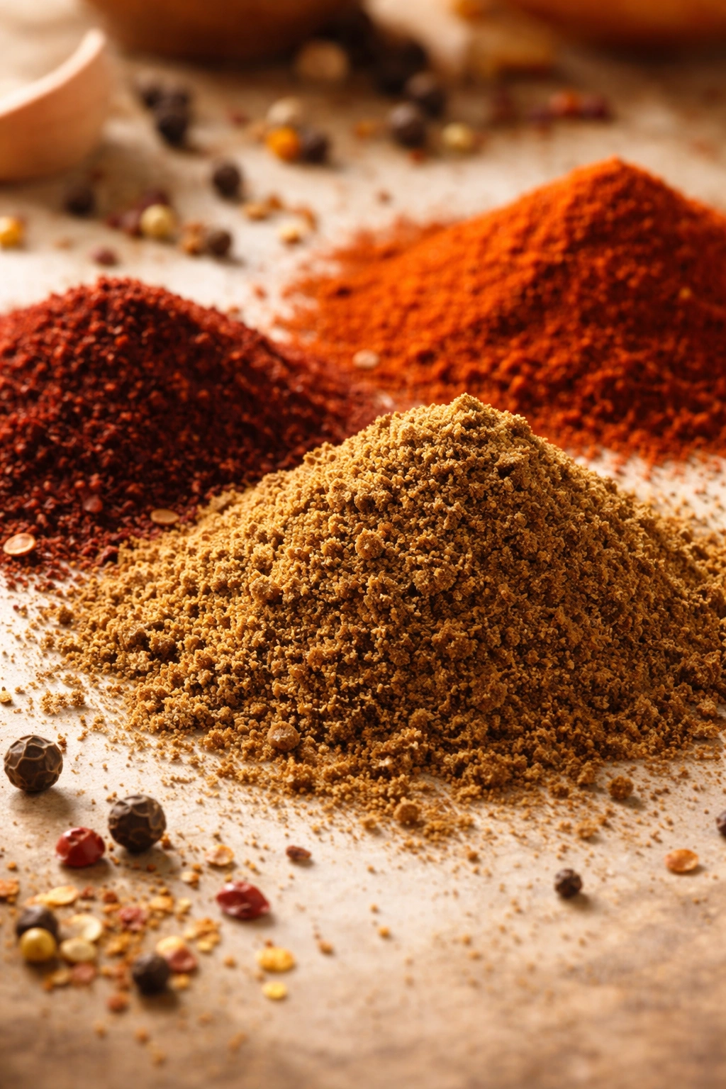 Close-up of cumin, chili powder, and paprika on a plain surface