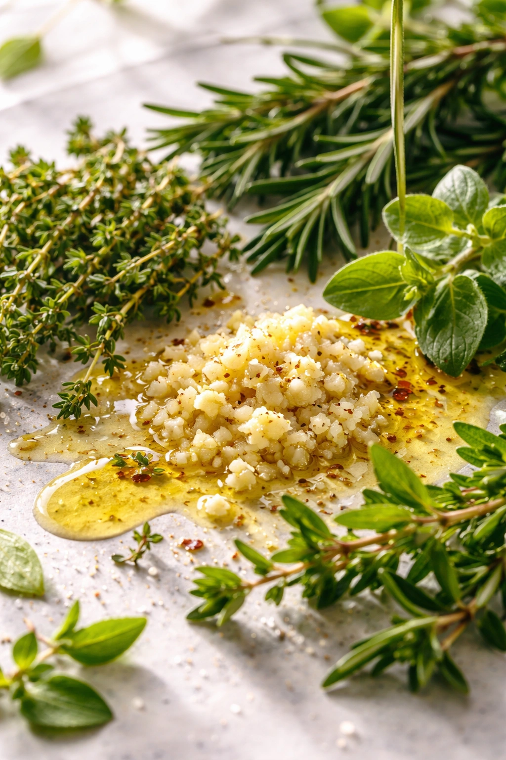 Fresh herbs and garlic with olive oil for seasoning