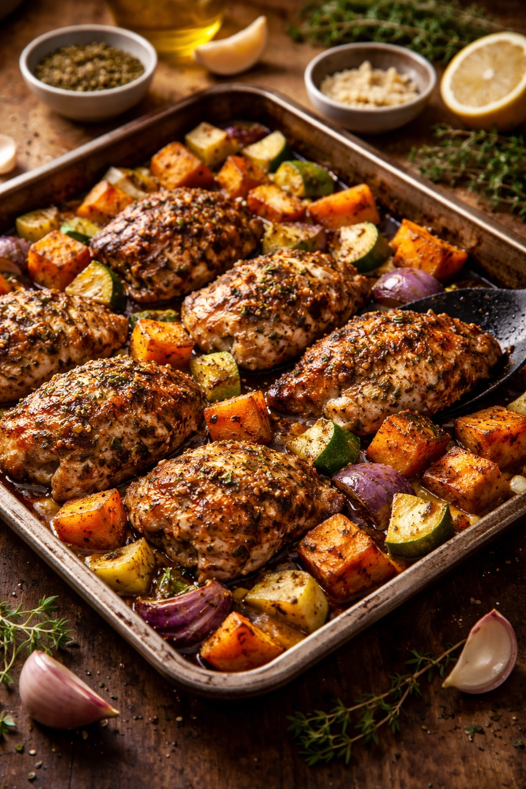 Marinated, seasoned chicken and potatoes on a sheet pan.