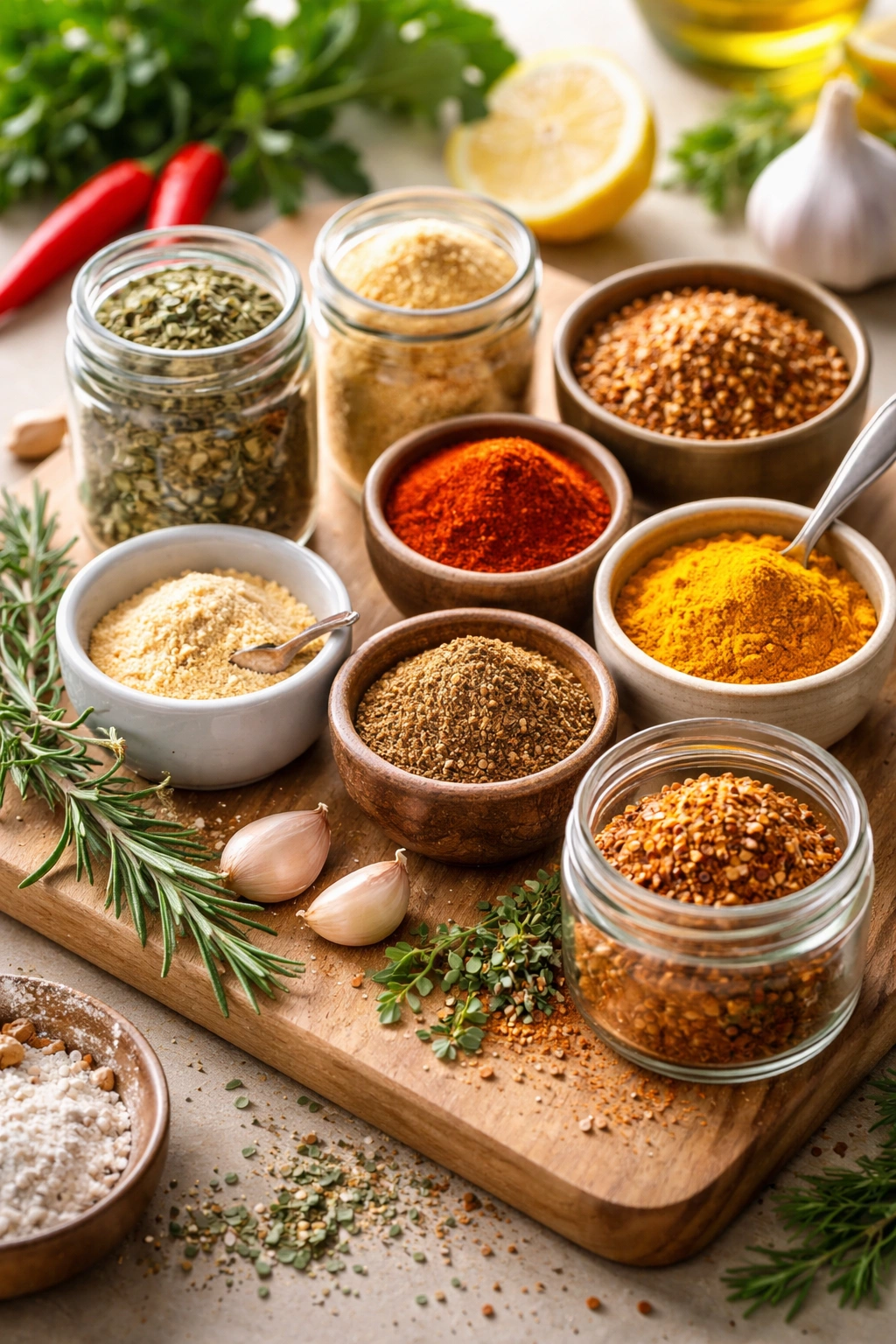 Close-up of colorful spices in jars on a wooden board, illustrating seasoning ideas