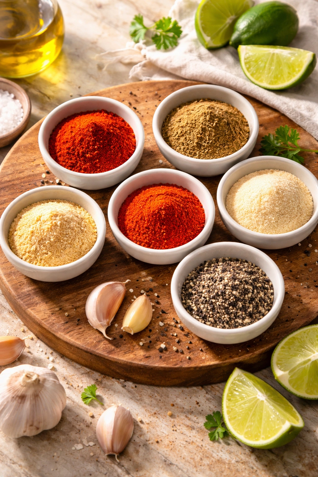 Assorted spice powders in bowls on a wooden board