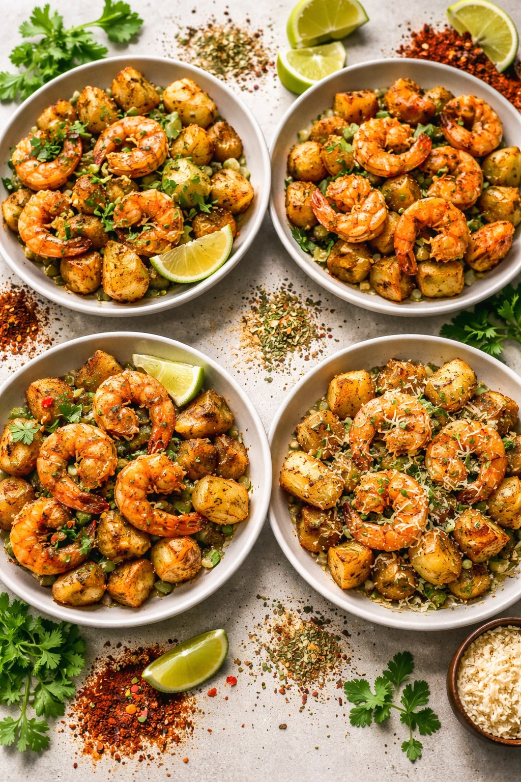 Shrimp and potatoes with varied seasonings and herbs around the plate