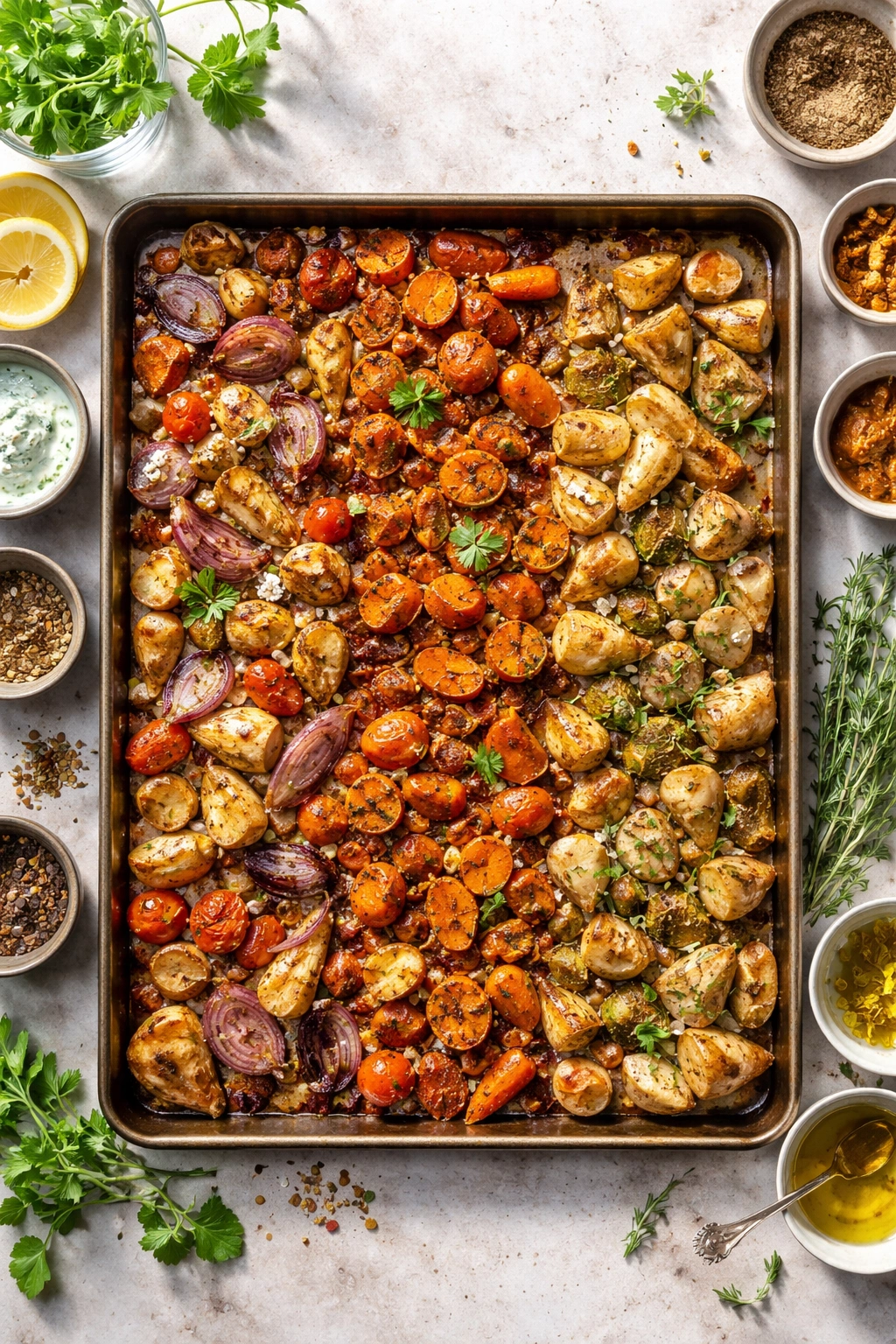 Roasted root vegetables on a sheet pan with varied browning and herbs