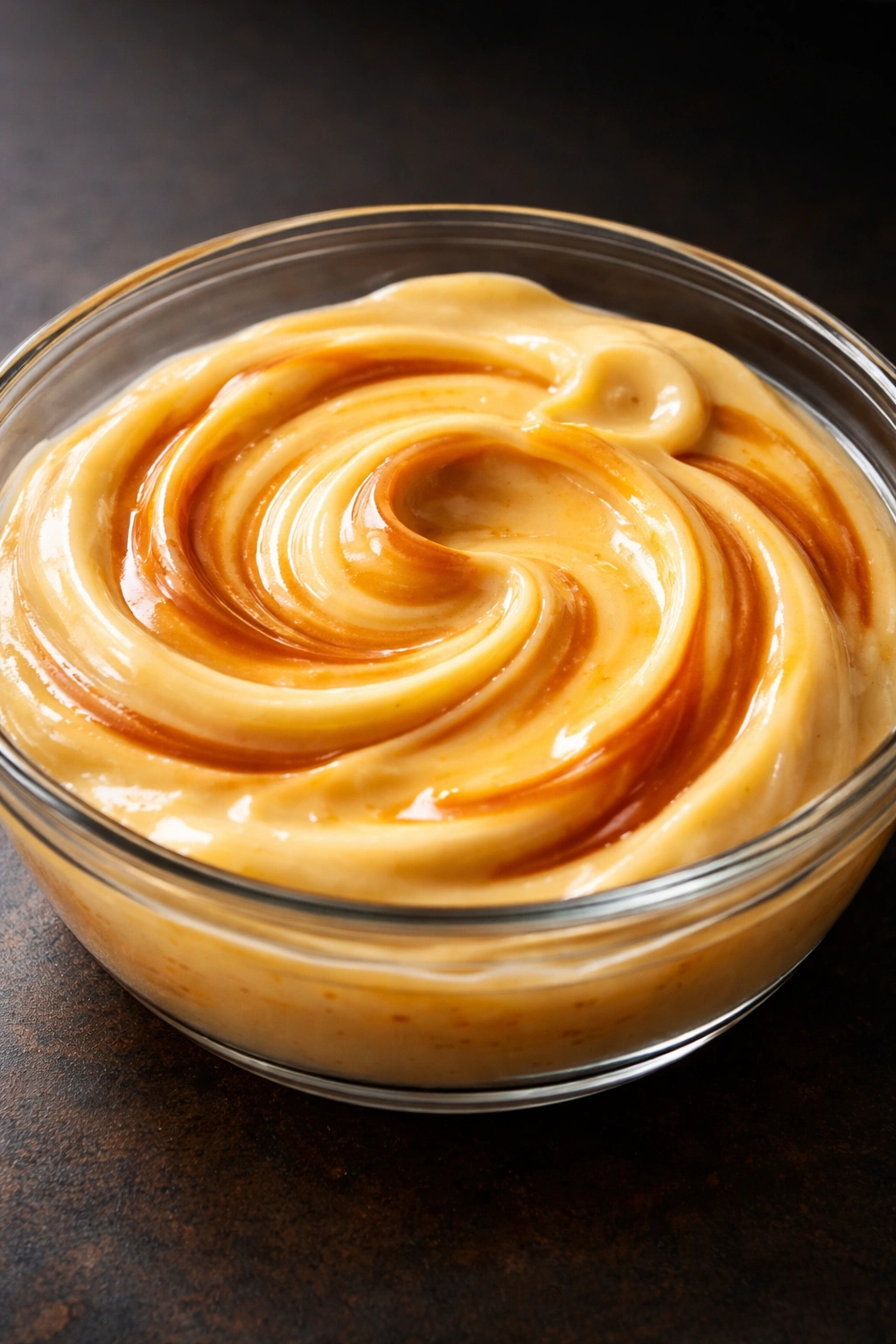 Creamy sauce swirl with marbled colors in glass dish