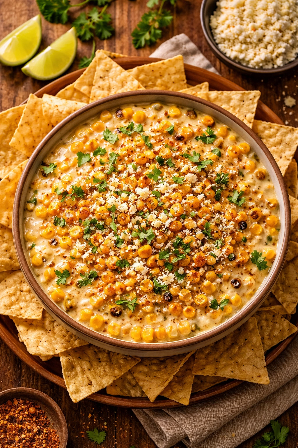 Bowl of cheesy street corn dip with corn chunks and cotija topping