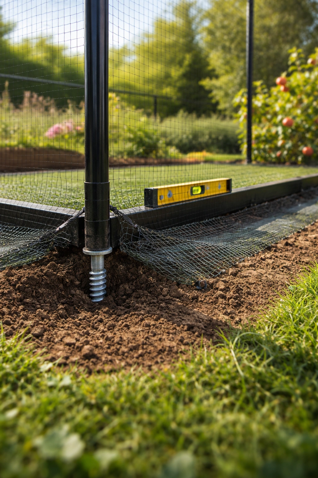 Well-anchored, level fruit cage base with buried netting edges.