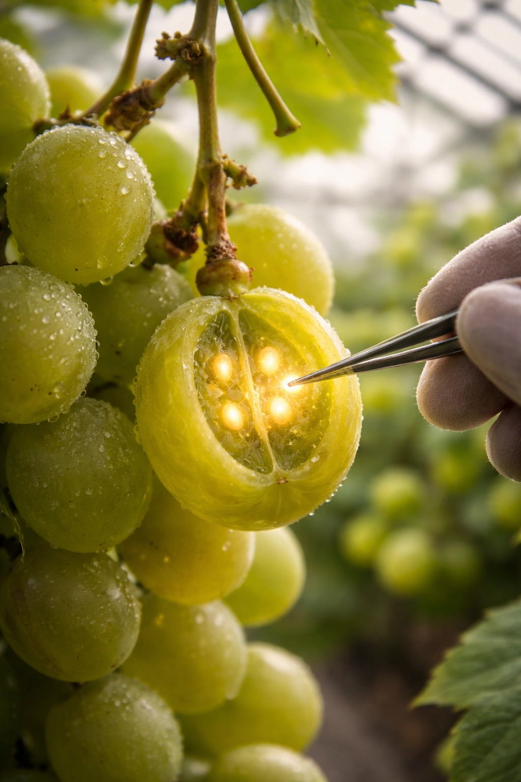 Grape on a vine with a glow suggesting seed growth interference.