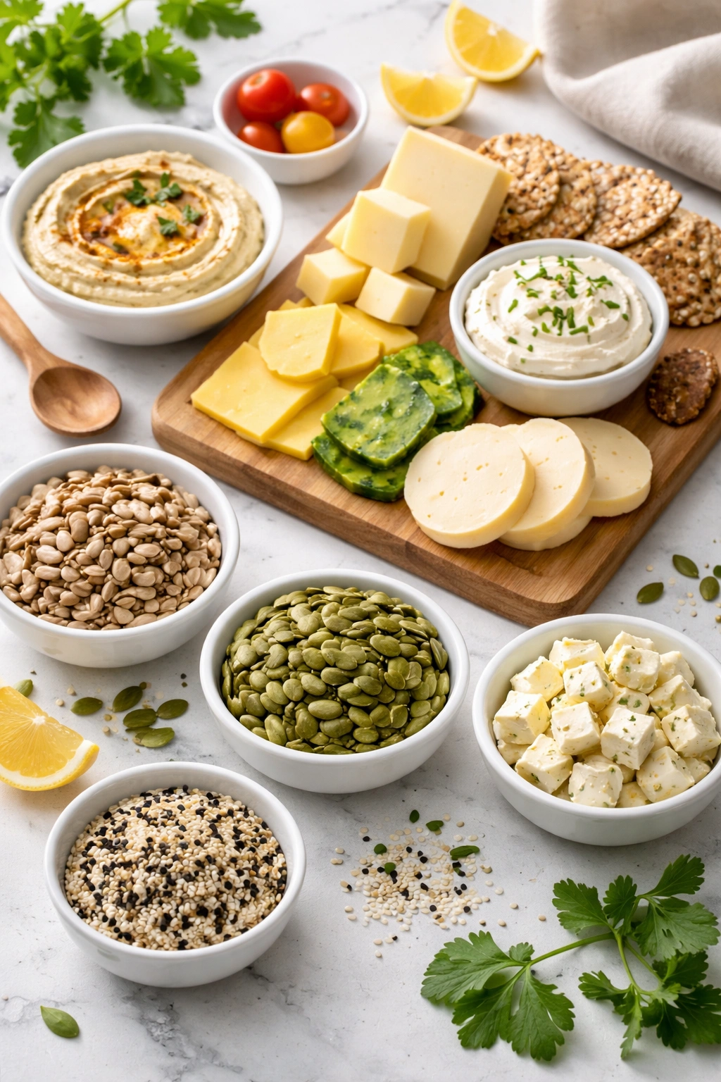 Seed-based components and dairy-free options arranged on a clean surface.
